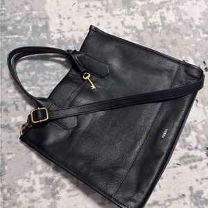 Fossil Black Leather Tote with Gold Key Accent